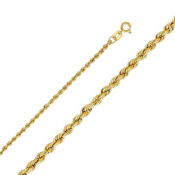 14k Yellow Gold Hollow Rope Chain 2mm 20” Inches